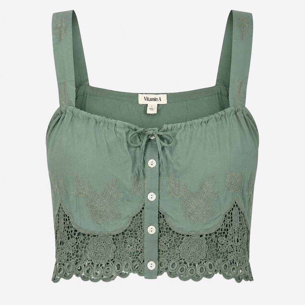 Vitamin A Flora Tank L Organic Cotton Sea Green Broderie Embroidered Crop Top